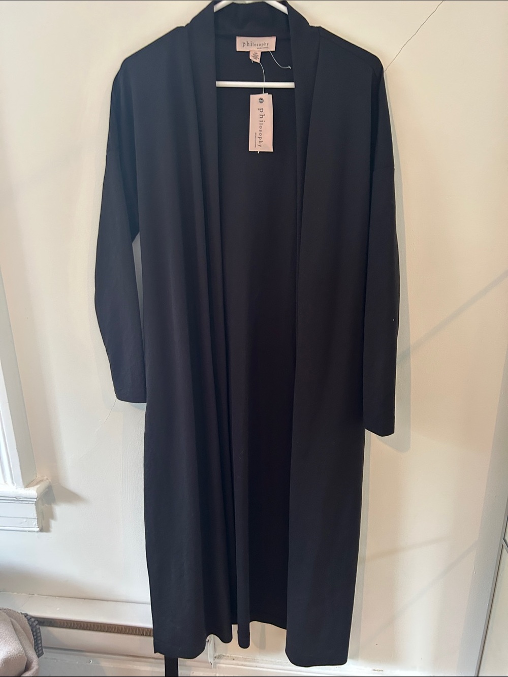 Philosophy Black Open Drape Belted Trench Coat Sz Small